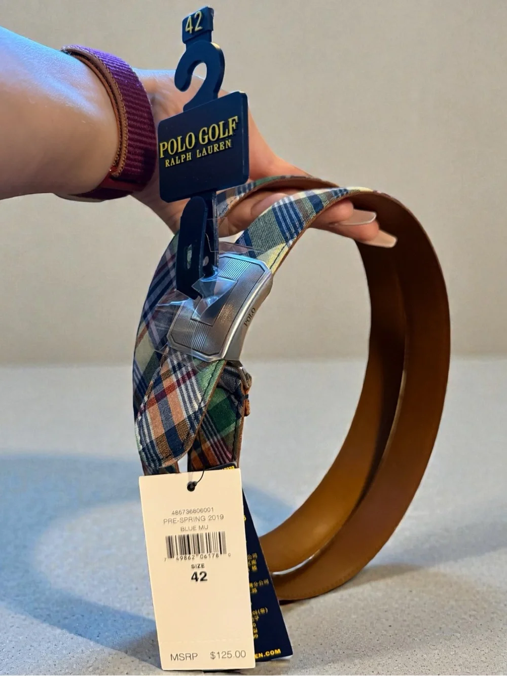 Polo Golf Ralph Lauren Men's Plaid Golf Belt Size 42 NWT Multicolor Leather